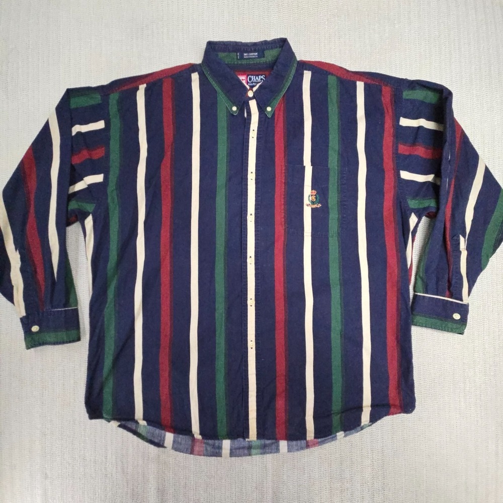 Vintage Chaps Ralph Lauren Shirt Mens XL Blue Striped Crest 90s Long Sleeve